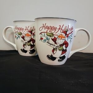 Pfaltzgraff Winterberry Nice Naughty Santa Christmas Mugs Set Holiday Pair